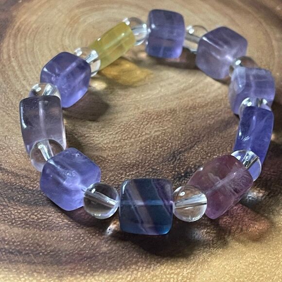Fluorite bracelet striped layers rainbow colors cube stretch 10mm 7.5” natural c - Picture 7 of 16